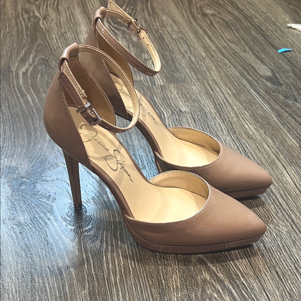 Jessica Simpson Nude Patent Ankle-Strap Pointed-Toe Pumps